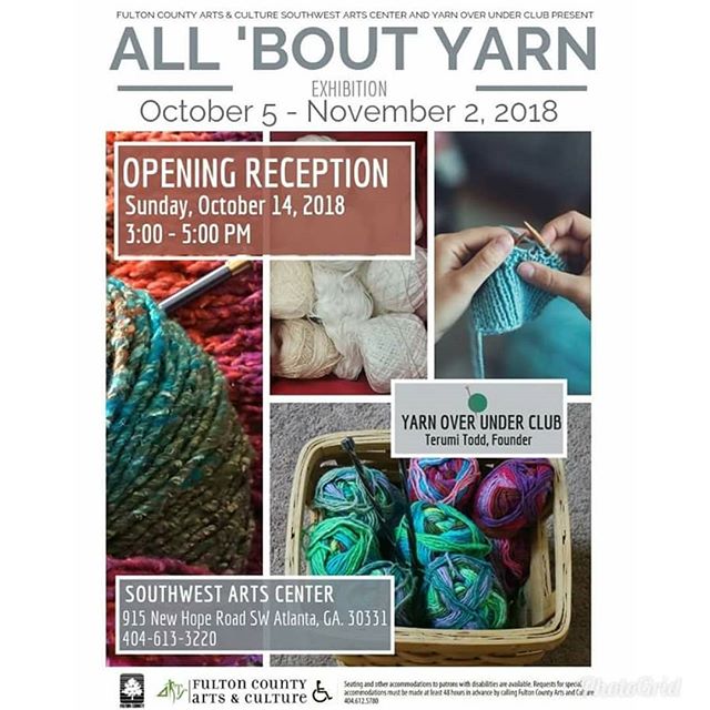 Atlanta, I and other talented yarn artists (Iowan Tribal Stone-Flowers) will be exhibiting our works at the All About Yarn show at the Southwest Arts Center from October 5 – November 2, 2018. The free reception will be Sunday, October 14th from 3-5 pm.  Please come out to meet us and check out our creations, there will be refreshments and live music from the wonderful teen orchestra directed by fellow hooker, Wlanvi Zinsou. 
My exhibit will be featuring beaded crochet work in jewelry and apparel.

See you there