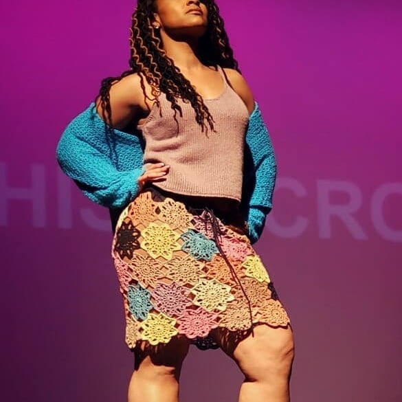 Reposted from @turquoizblue –  Straight from the runway of Strands 2019 – A Fiber Fashion Showcase. @latonyaspeaks wearing a multi-colored version of my Flourish skirt, along with a Tunisian crochet tank and turquoise shracket #‎strandsfiber2019‬ @pinkjoycrochets @thisiscrochet @turquoizblue