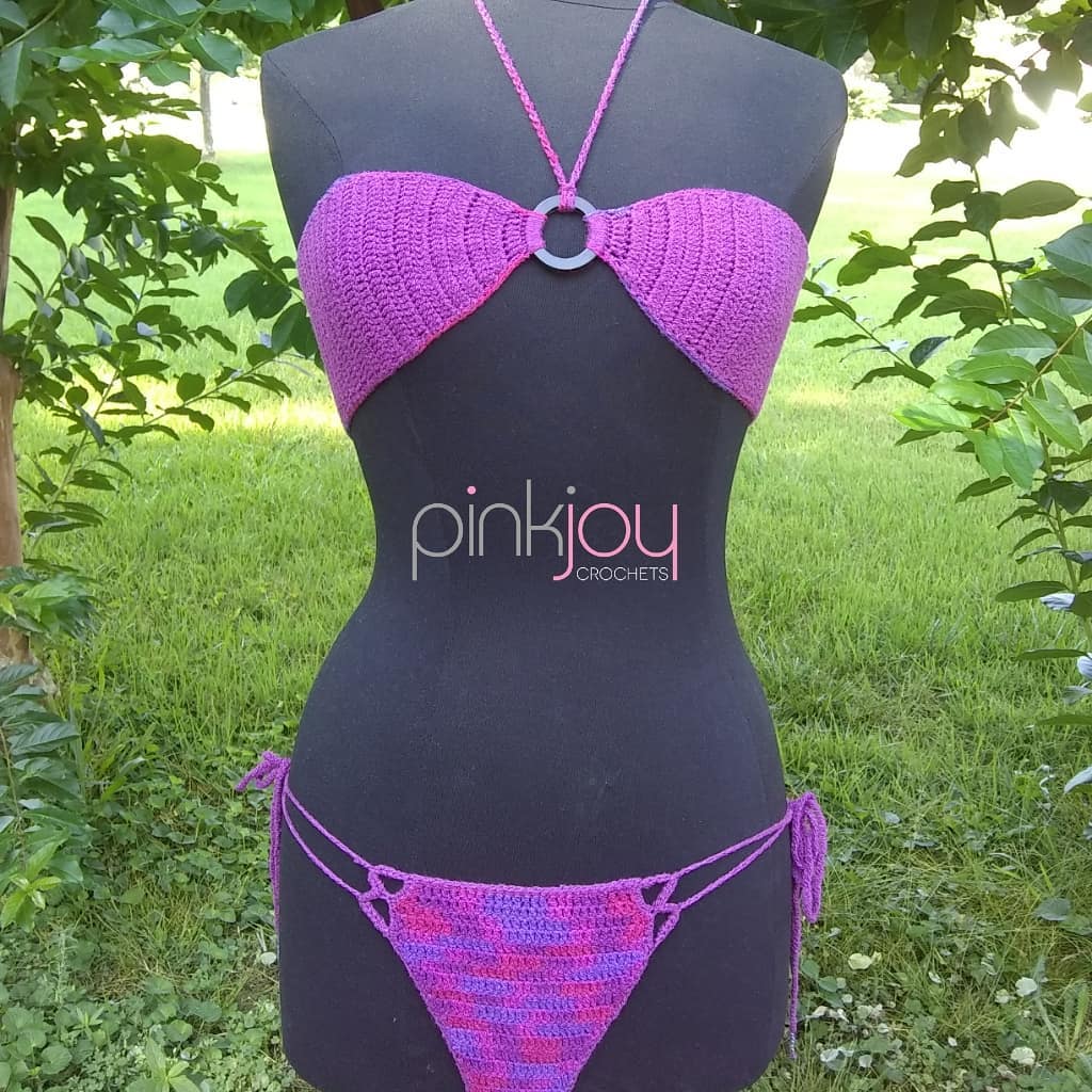 This is Renee. She’s a handmade crochet bikini made with stretch cotton yarn by Pinkjoy Crochets. There’s only one. $120