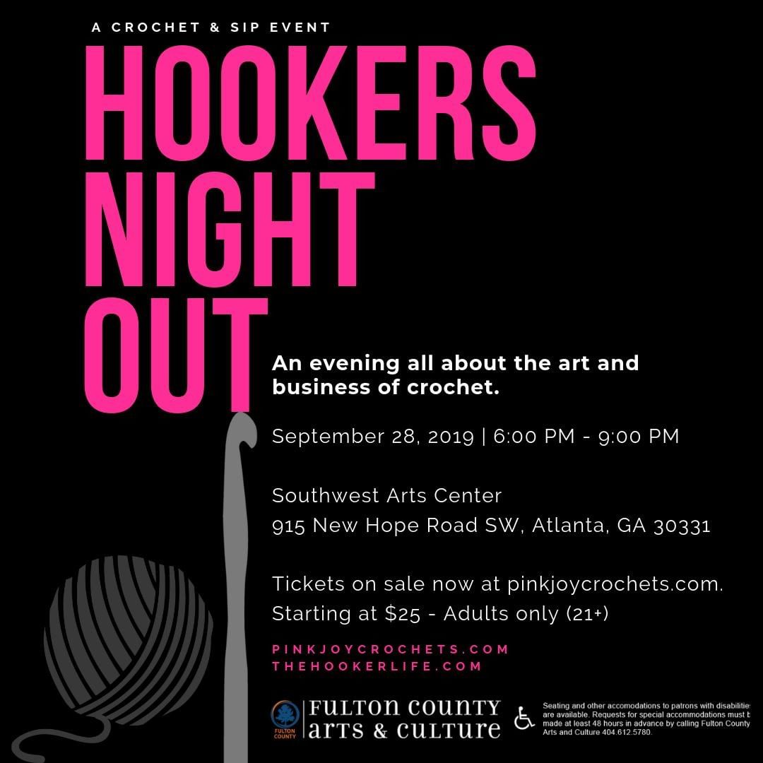 Come hang out with your fellow crocheters at Hookers Night Out, A Crochet and Sip Event.⁠
⁠
Enjoy a night out of dining, ‘wining’, giveaways, and learning about the art and business of crochet.⁠
⁠
We will share stitch techniques, patterns, tips and tricks, and begin a crochet-a-long project.⁠
⁠
Guest speakers will share tips on how to improve your product photography, show us easy fitness movements to use during crochet breaks, discuss social media tips and ways to increase your audiences.⁠
⁠
This event is for anyone that loves to crochet at any level. It doesn’t matter if you’re a beginner or experienced hooker or haven’t even started, there’s something for everyone.⁠
⁠
Hookers Night Out is hosted by Pinkjoy Crochets.⁠
⁠
Admission is $25 and includes tapas, wine, and an educationally good time. Enjoy a delicious dinner catered by Vegabond Cafe (vegan options available).⁠
⁠
Pre-order a HOOKERS NIGHT OUT tee and save $5. Tees will be available for pickup when you sign in at the event.⁠
⁠
This is an Adult only event. All attendees must be 21 and over